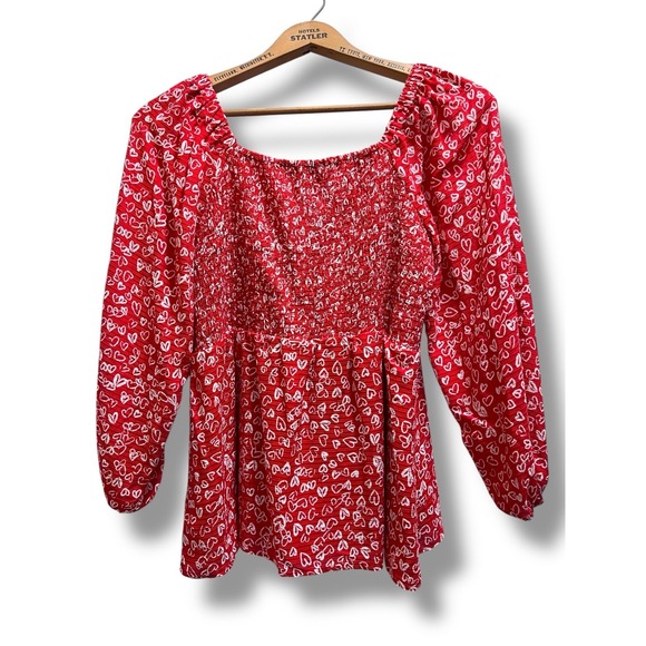 Vintage Y2K LOFT Hearts Pattern‎ Red and White Ruched Top 2 - Picture 5 of 9